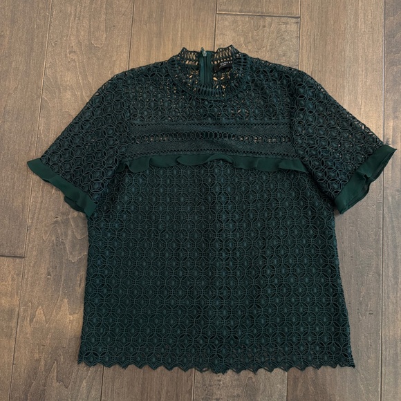 Zara Dark Green Guipure Crochet Lace Frill Detail Top Blouse Medium - Picture 1 of 6